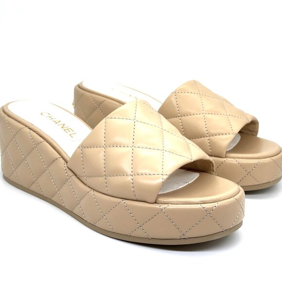 CHANEL 24P Quilted Leather Open Toe Wedge Heel Mule Slide Platform Sandal - Picture 7 of 14